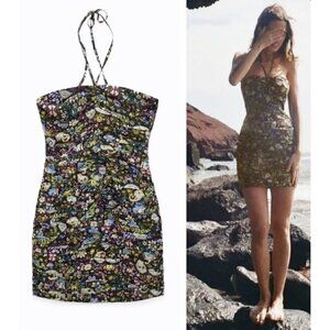 Zara Halter Tie Smocked Ruched Strapless Bodycon Floral Mini Dress Size Small